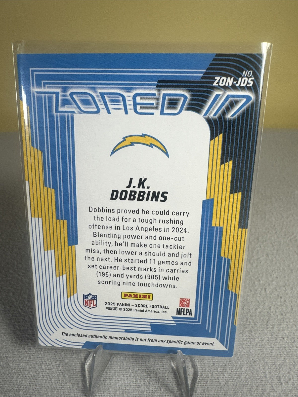 2025 SCORE Football Los Angeles Chargers Patch Relic Zoned In JK Dobbins
