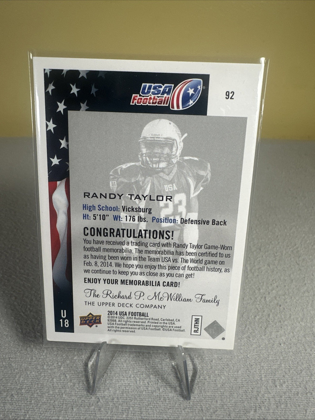 2014 Upper Deck USA Football Future Swatch Jersey Randy Taylor #92