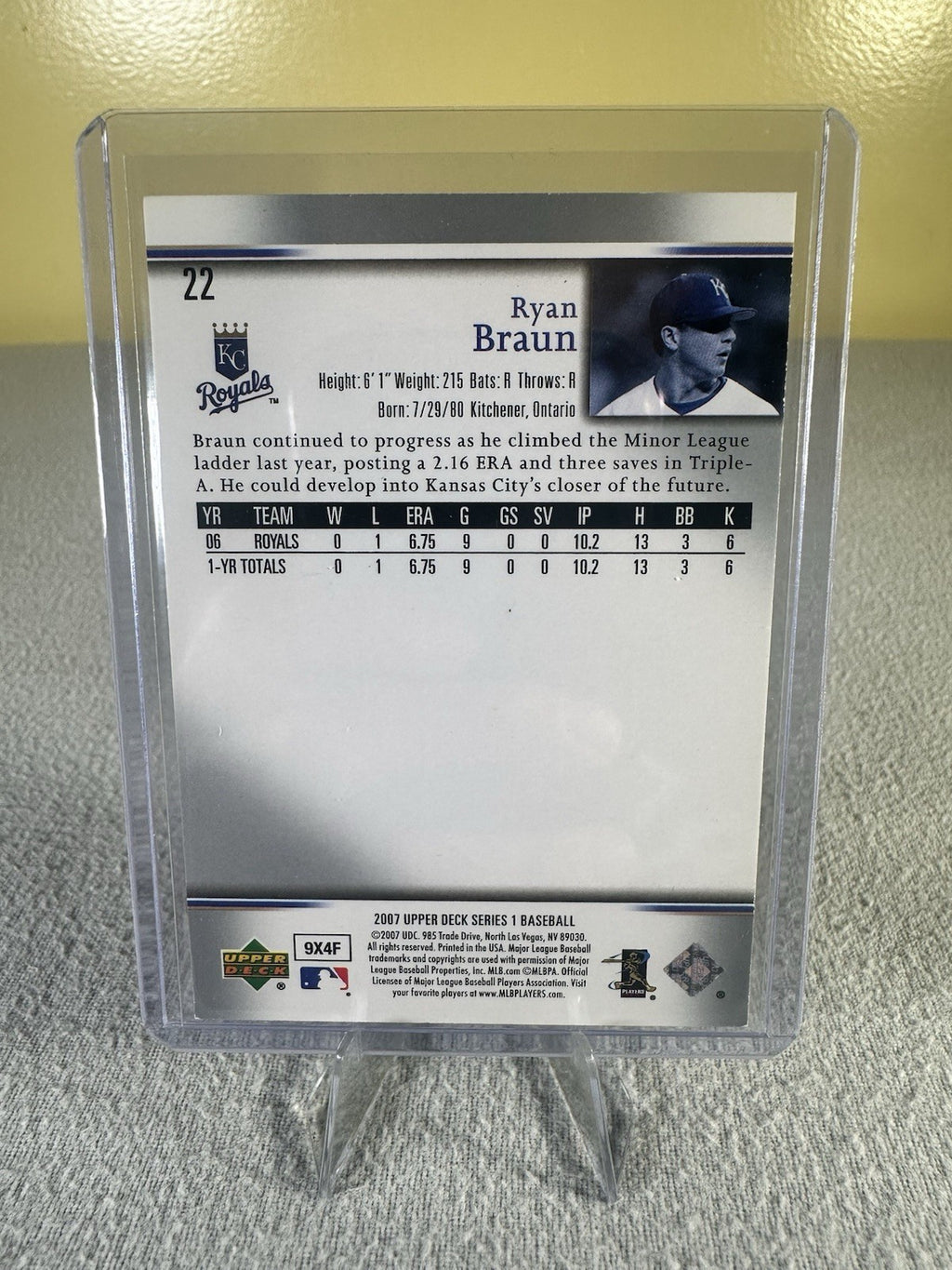 Upper Deck 2007 Ryan Braun RC #22 Kansas City Royals MLB Baseball Card