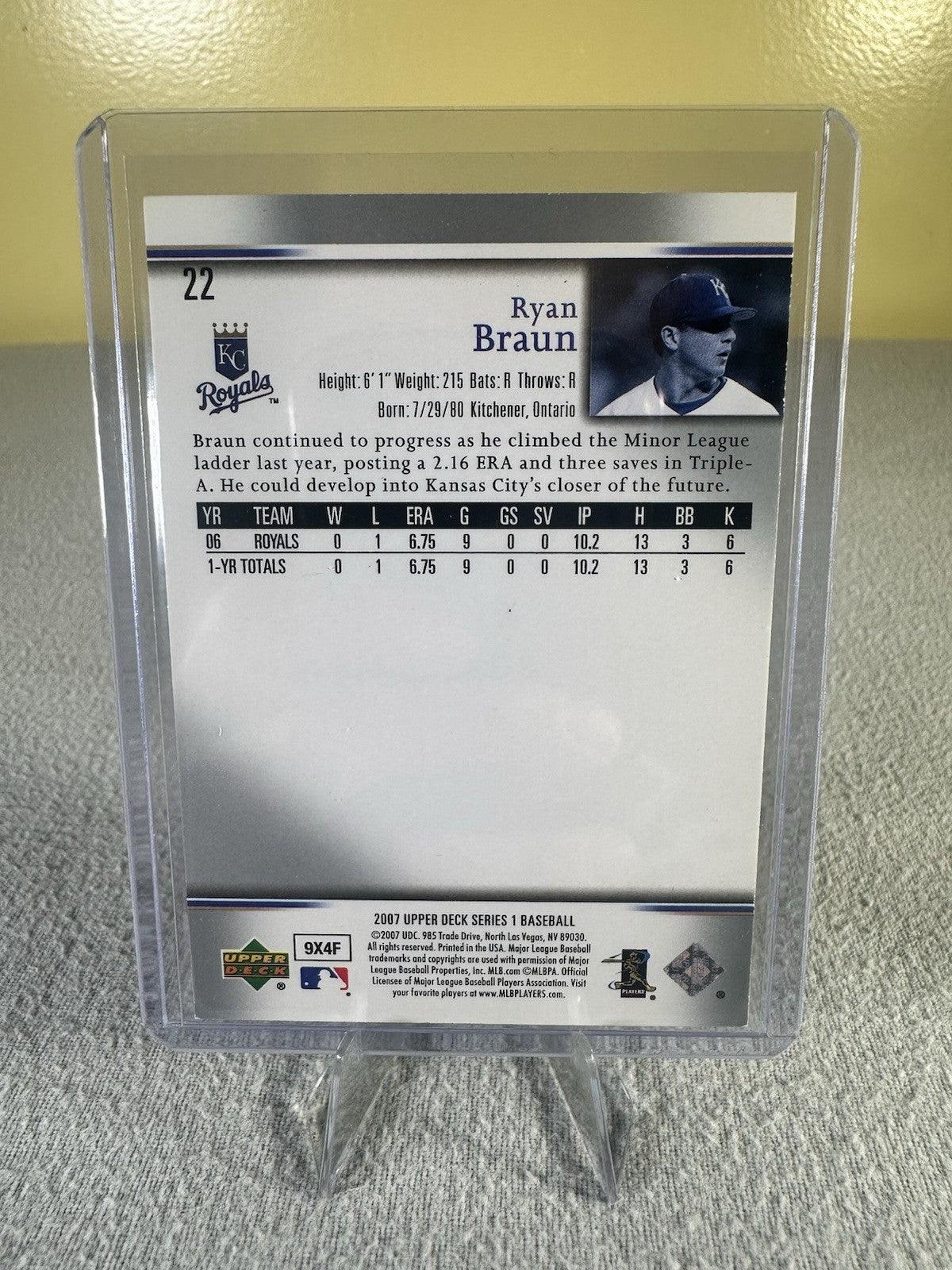Upper Deck 2007 Ryan Braun RC #22 Kansas City Royals MLB Baseball Card