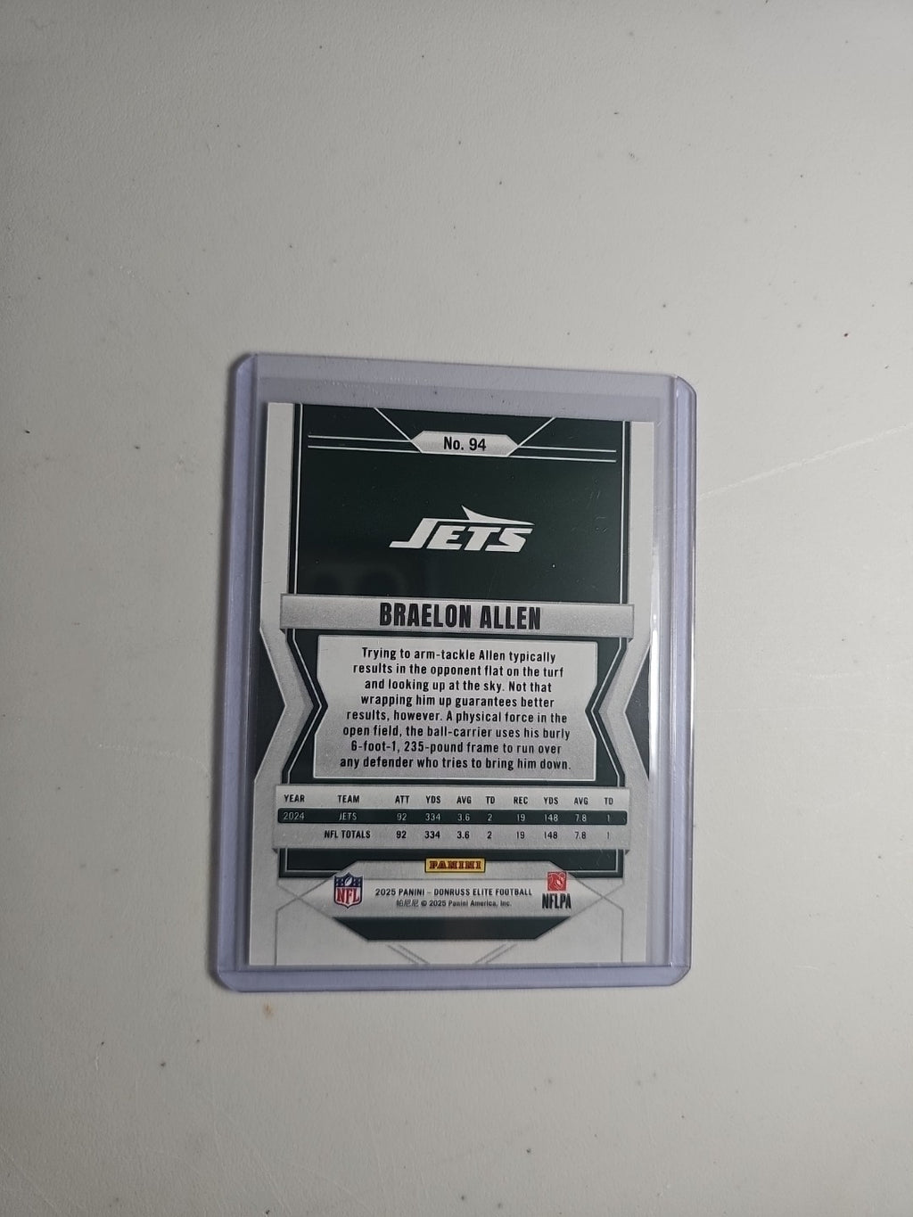 2025 Panini Donruss Elite Braelon Allen #94 Orange Metallic Status 084/849 Jets