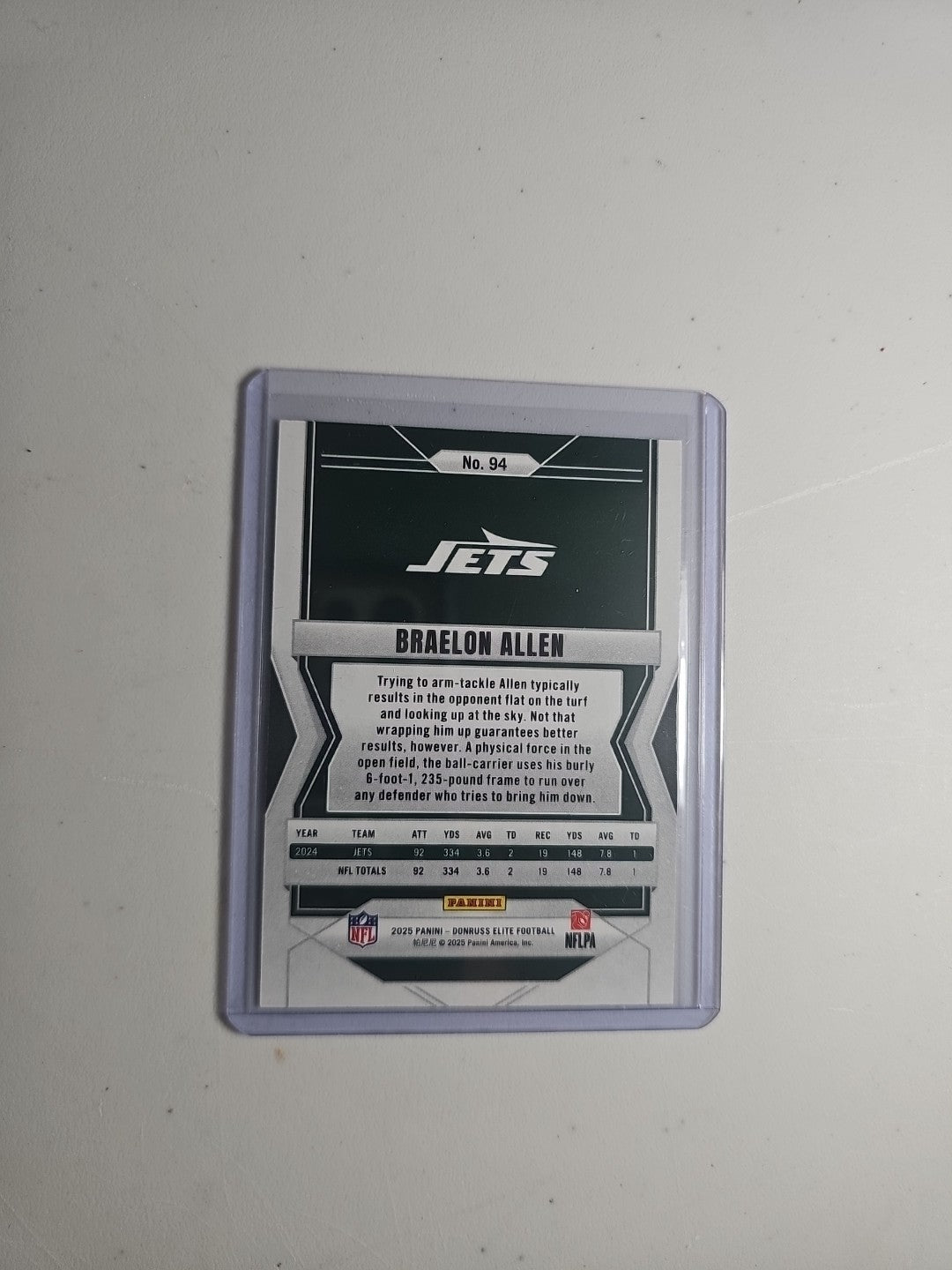 2025 Panini Donruss Elite Braelon Allen #94 Orange Metallic Status 084/849 Jets