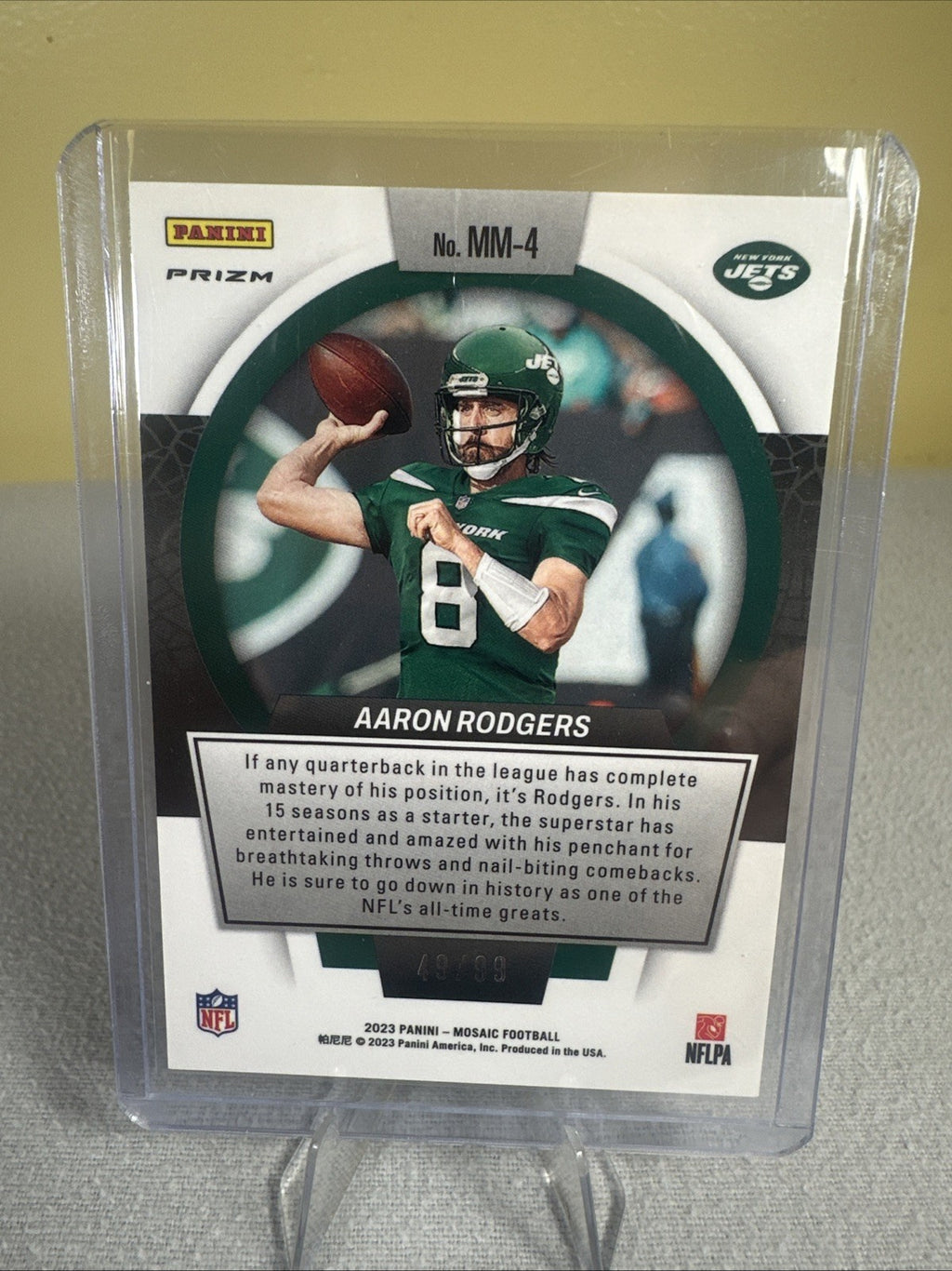 2023 Panini Mosaic Aaron Rodgers Men of Mastery Blue Prizm 49/99 Jets MM-4