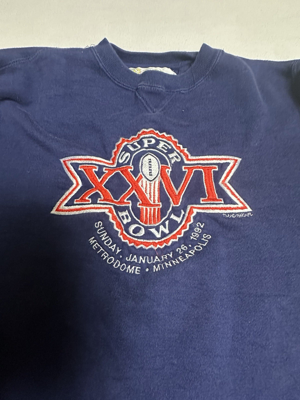 Vintage Super Bowl 26 Crewneck Sweatshirt 1992 Small Blue Minneapolis