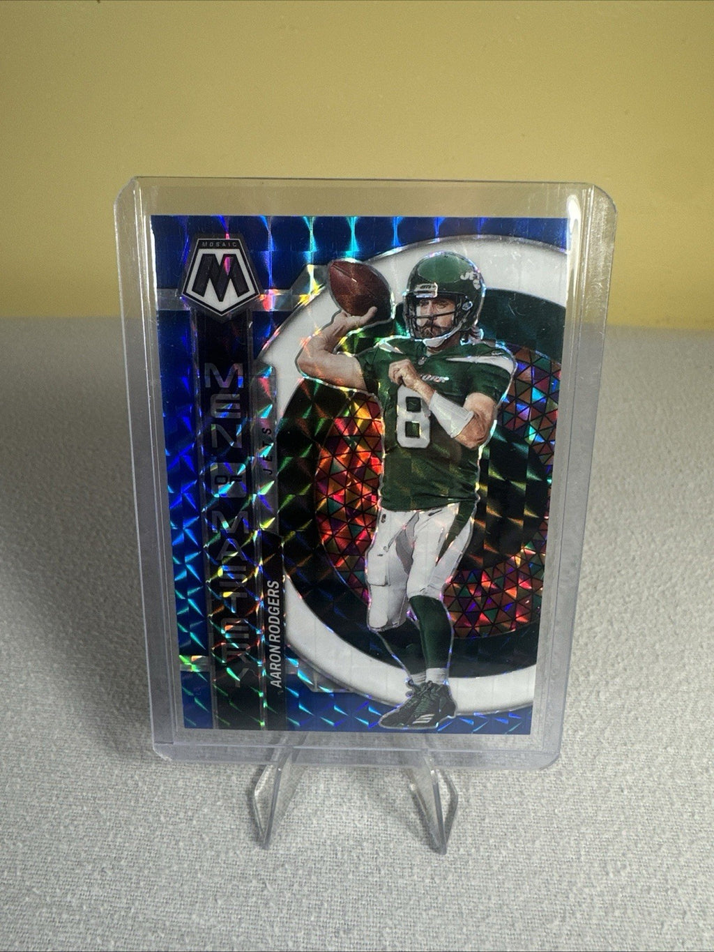 2023 Panini Mosaic Aaron Rodgers Men of Mastery Blue Prizm 49/99 Jets MM-4