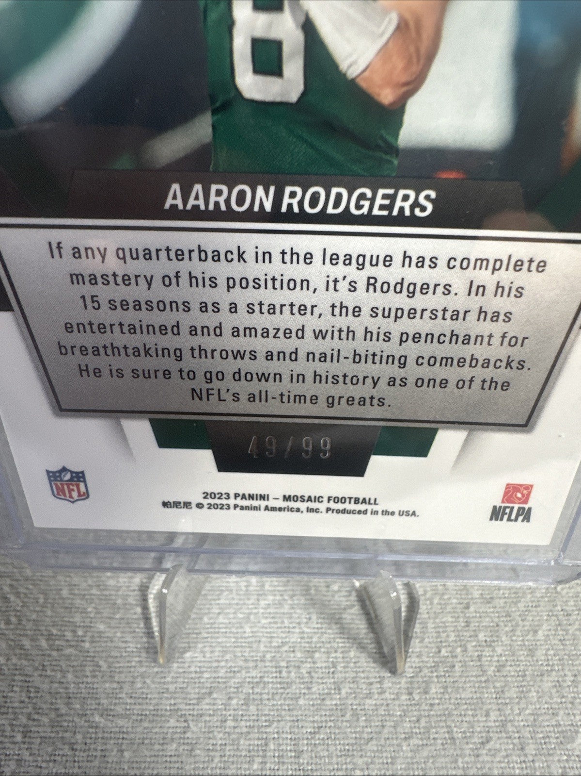 2023 Panini Mosaic Aaron Rodgers Men of Mastery Blue Prizm 49/99 Jets MM-4