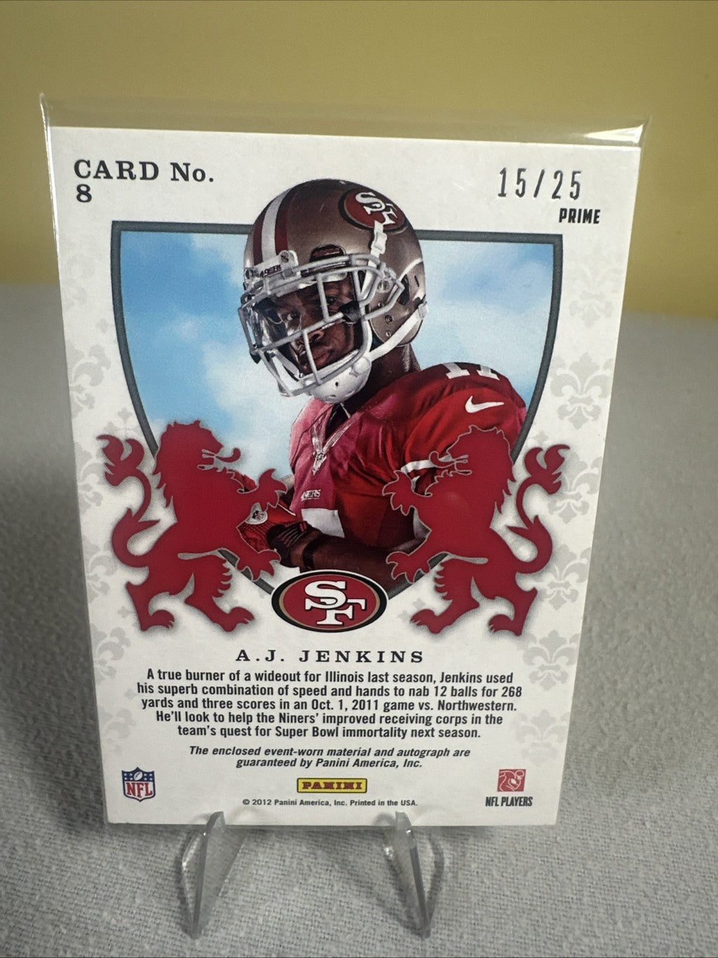 A.J. JENKINS 49ERS 2012 ROOKIES AND STARS CRUSADE MATERIALS AUTO 15/25