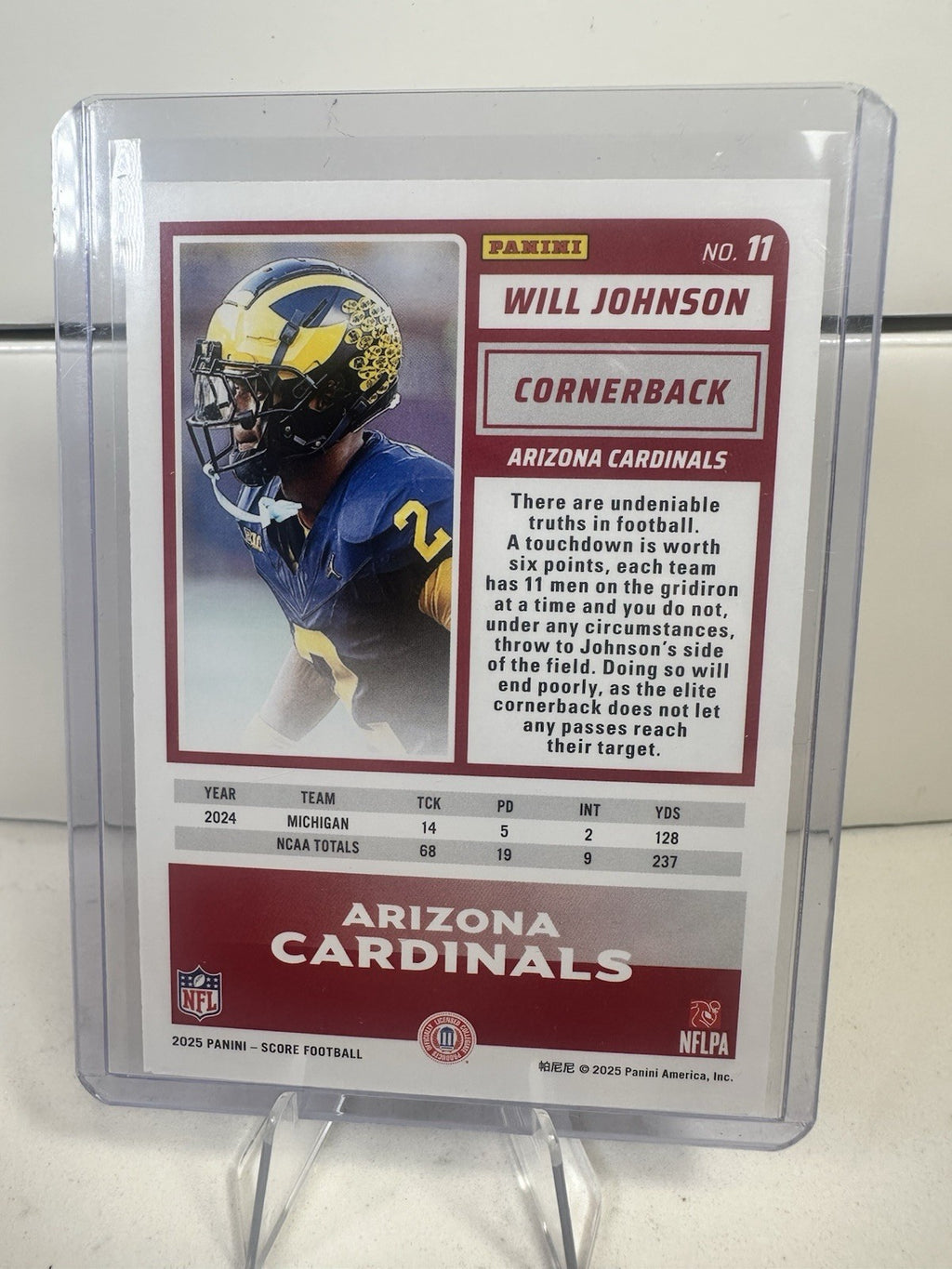 2025 Panini Score Rookies Will Johnson #11 Arizona Cardinals Football
